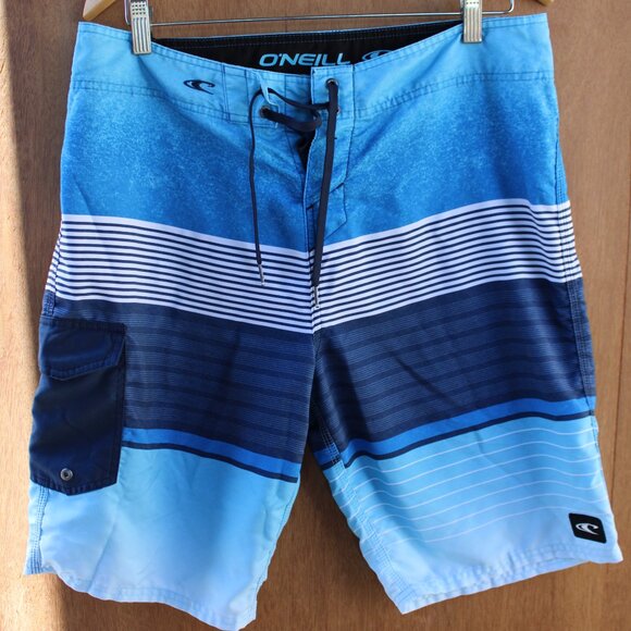O’Neill Men’s Swim Board Shorts Size 32 Blue Striped Quick Dry Surf Swimwear - Picture 2 of 5
